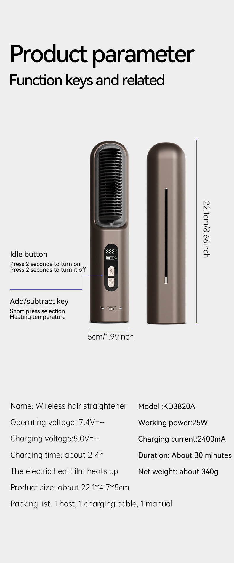 KD3820A Rechargeable Hair Straightening Brush